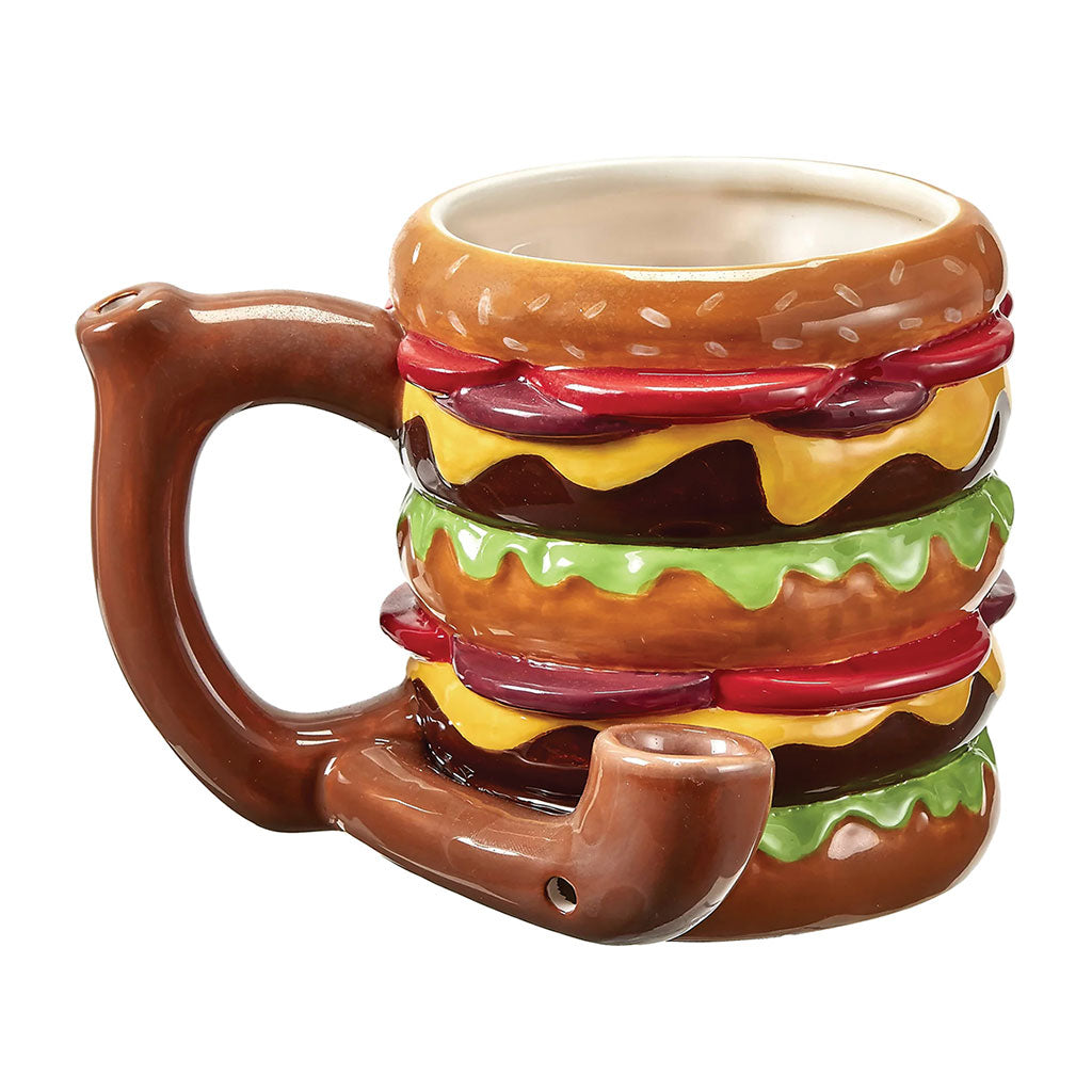 Cheeseburger Premium Roast and Toast pipe mug with glossy bun, cheese, lettuce, patty layers, curved handle, and built-in front bowl