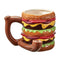 Cheeseburger Premium Roast and Toast pipe mug with glossy bun, cheese, lettuce, patty layers, curved handle, and built-in front bowl