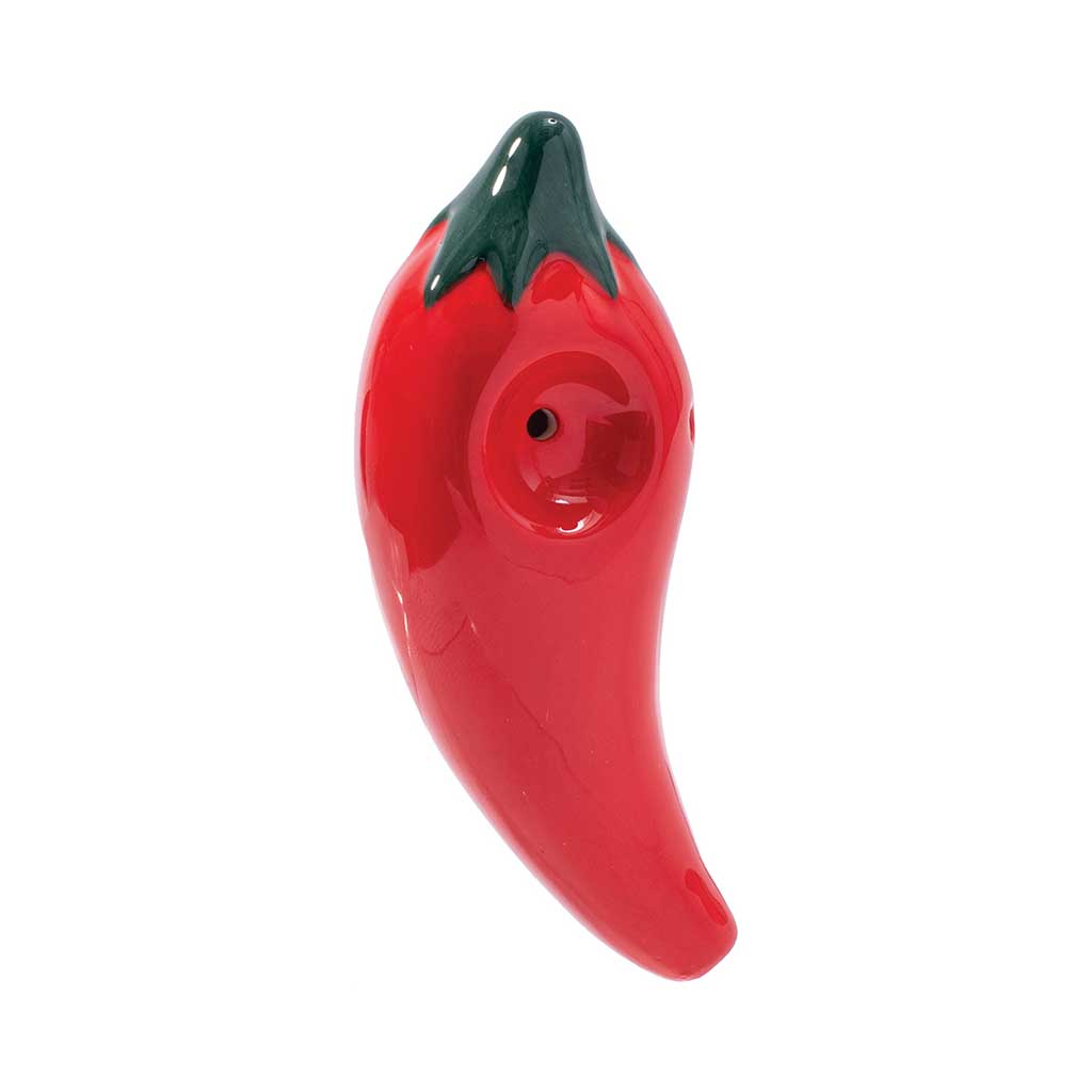 Shop chili pepper ceramic hand pipe, standing view with bowl and mouthpiece—add to cart for fast shipping.