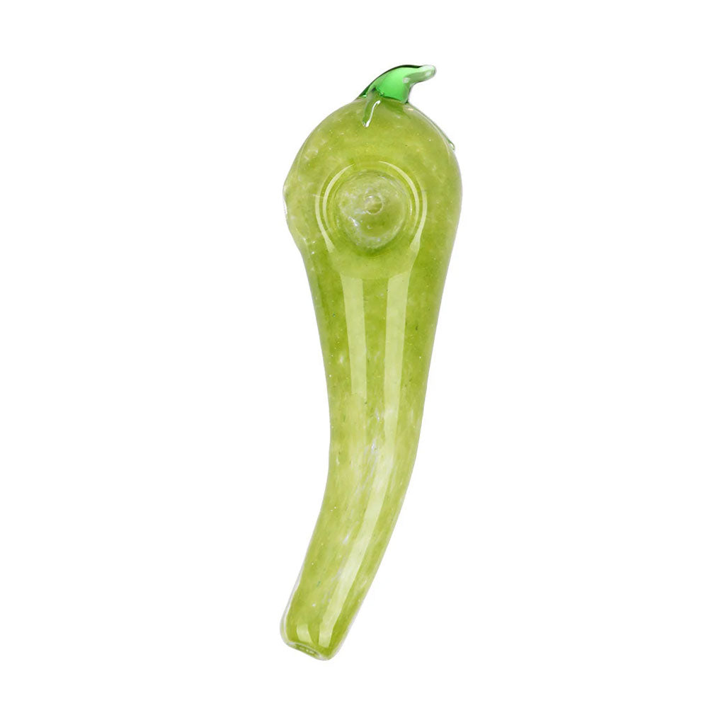 Chili pepper glass spoon pipe in avocado green, durable build; add to cart for quick delivery