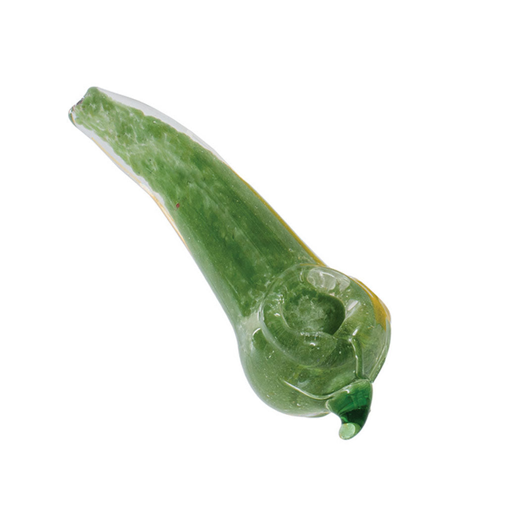 Buy chili pepper hand-blown glass spoon pipe in green—thick glass, smooth pull, fast shipping from Honeybee Herb