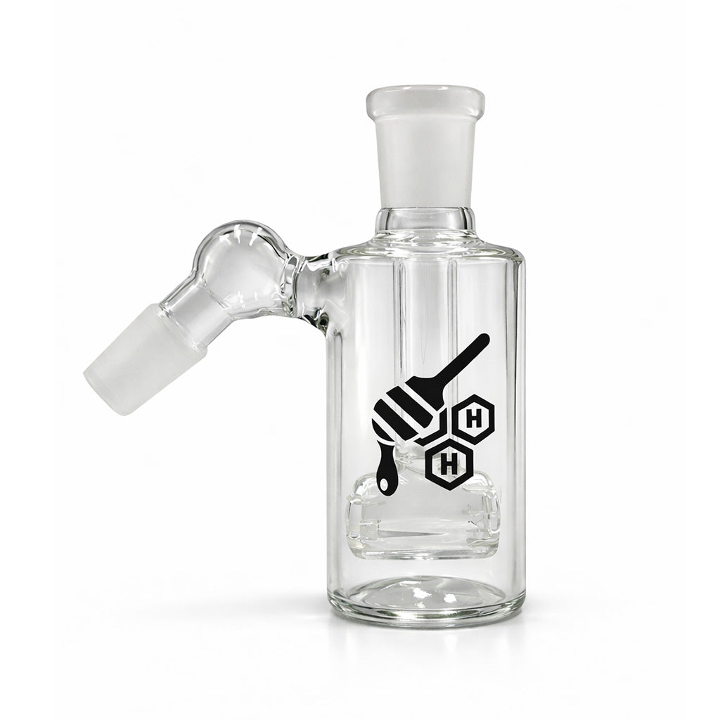 Barrel Perc Ash Catcher, 14mm male 45 degree, clear glass body with barrel perc for cleaner, smoother pulls.