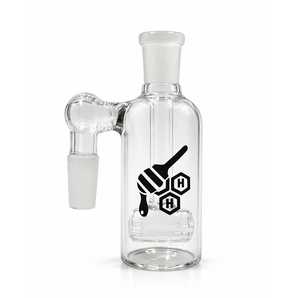 Barrel Perc Ash Catcher, 14mm male 90 degree, clear glass body with barrel perc for cleaner, smoother pulls.