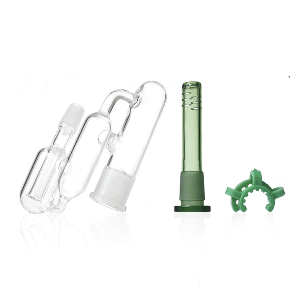 A Pack Of Clear Recycler Ash Catcher With Green Downstem And Clip Actual Product View