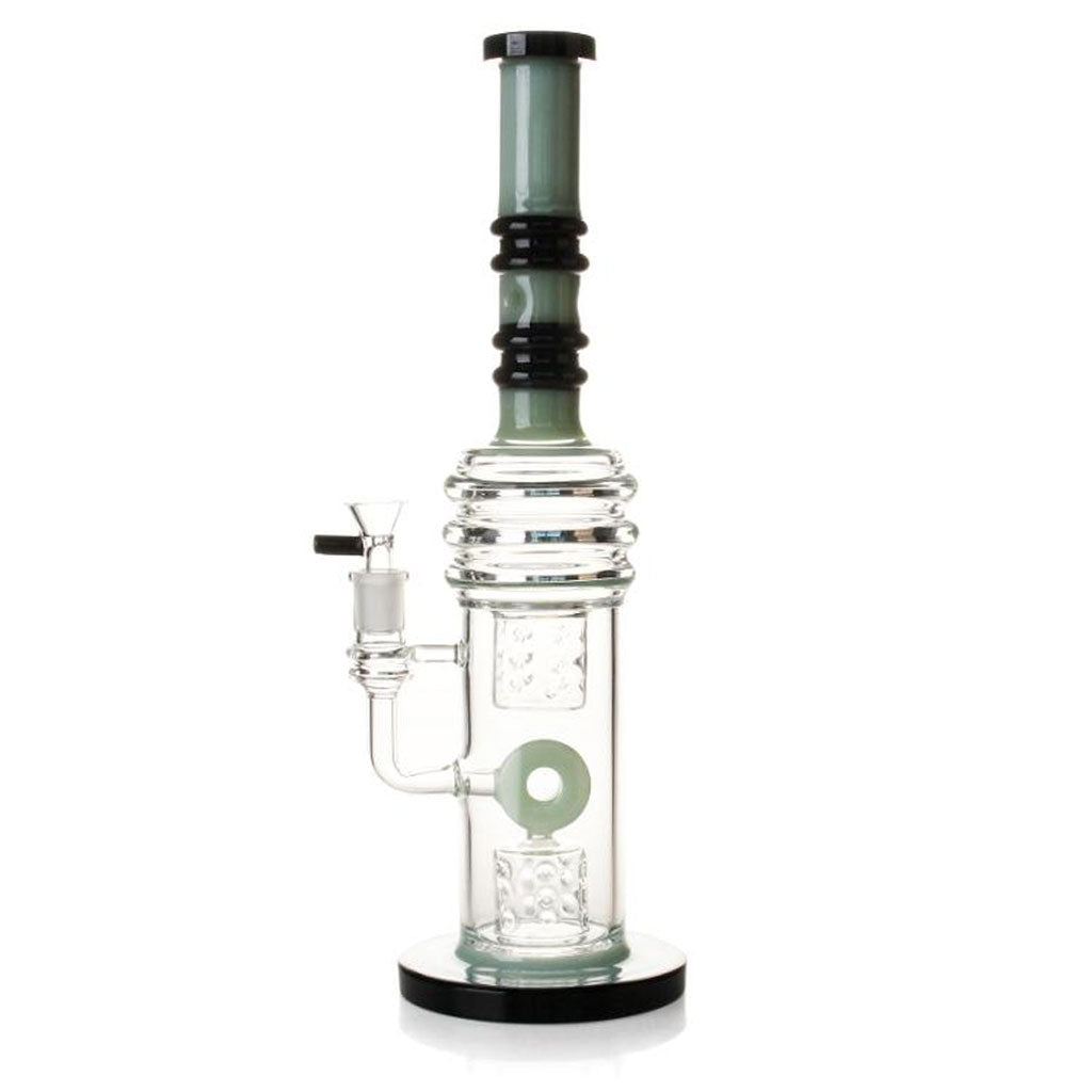 Black Mouthpiece And Stand On A Clear Glass Water Chamber 12 Inch Straight Tube Dab Rig