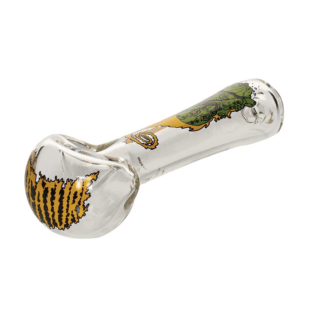 angled view of clear goblin glass spoon pipe showing deep bowl and artwork, thick borosilicate, shop honeybee herb