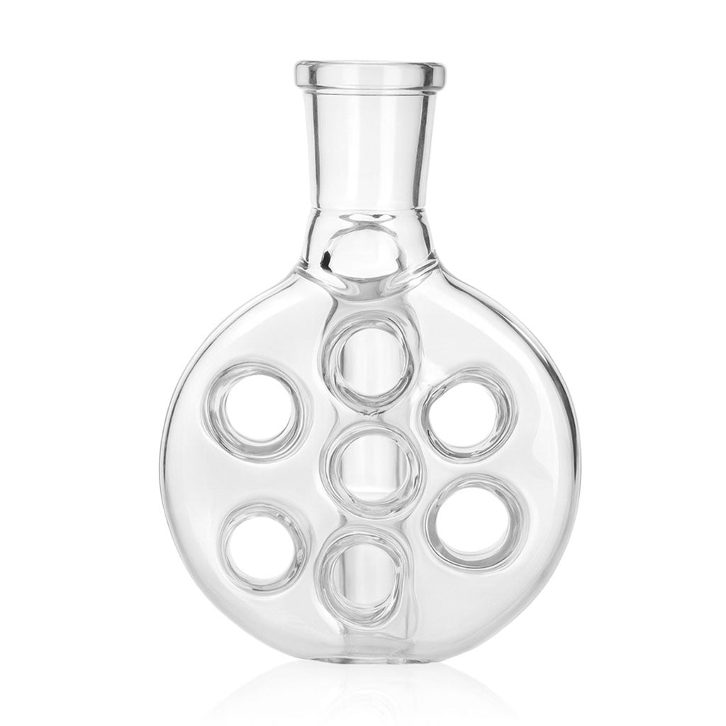 Shop clear Swiss perc ash catcher Front View for oil burners and bongs – designed to improve airflow and filtration, available at Honeybee Herb.