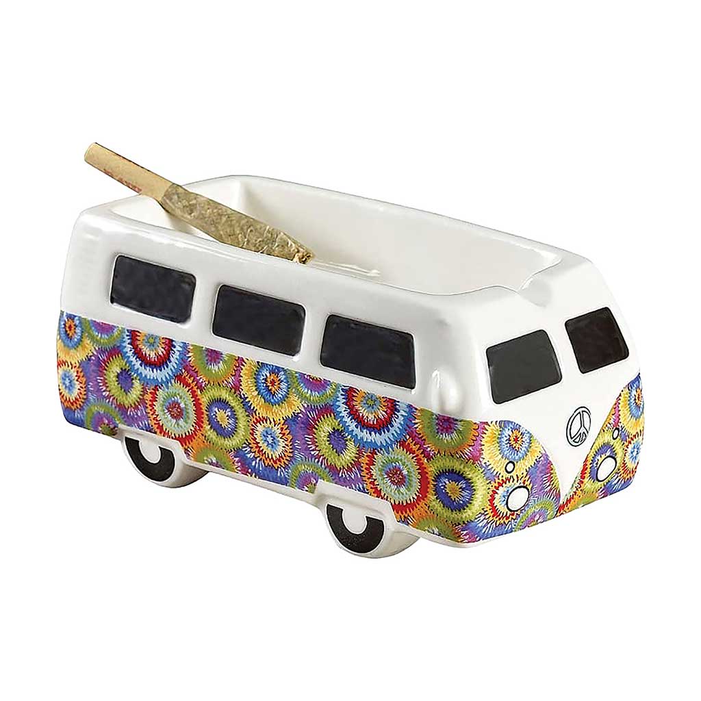 Colorful Flower Burst Vintage Bus Ashtray with retro hippie bus design, multicolor flowers, wide ceramic tray base, and novelty finish