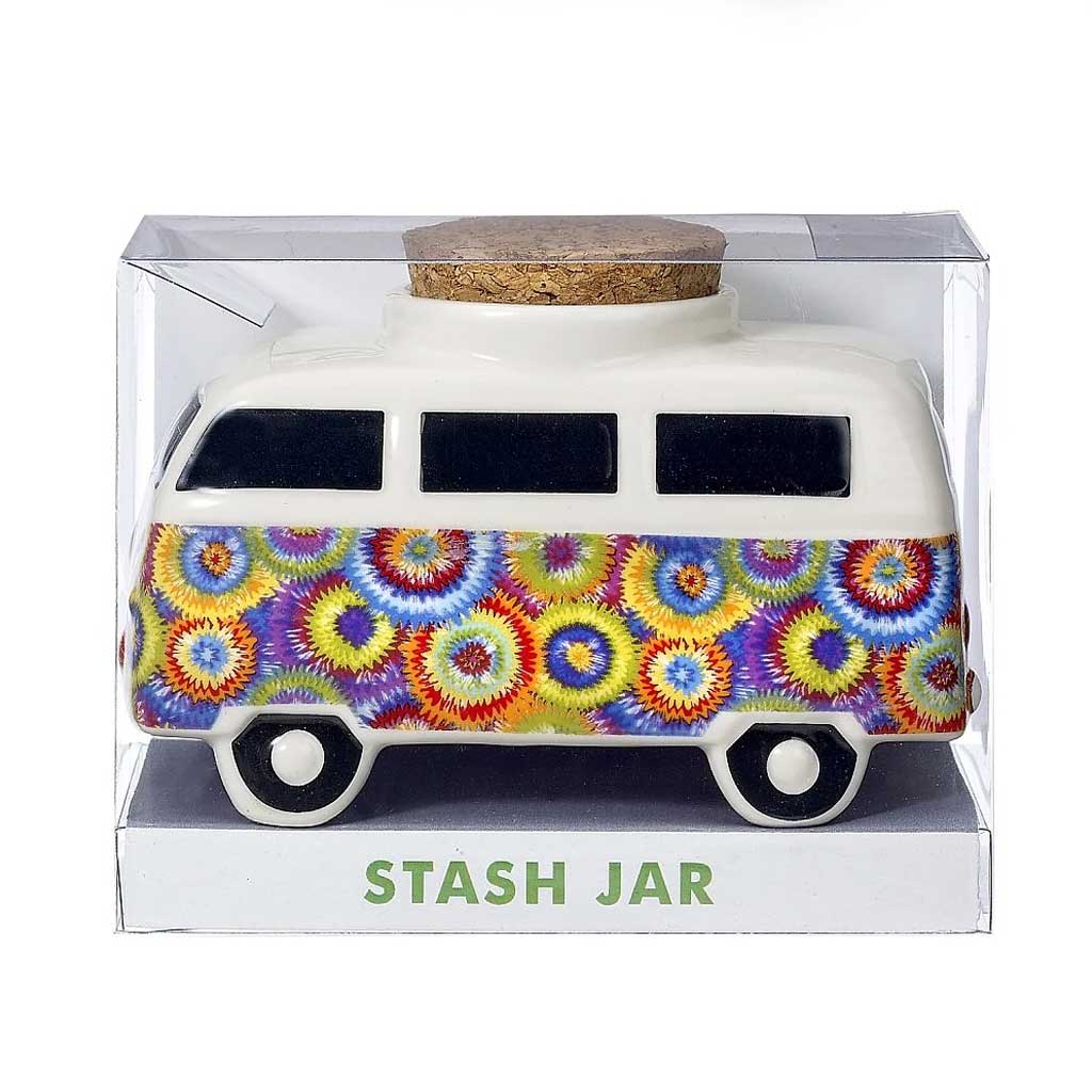 Colorful Flower Burst Vintage Bus Stash Jar with retro hippie bus design, multicolor flower pattern, and ceramic canister lid