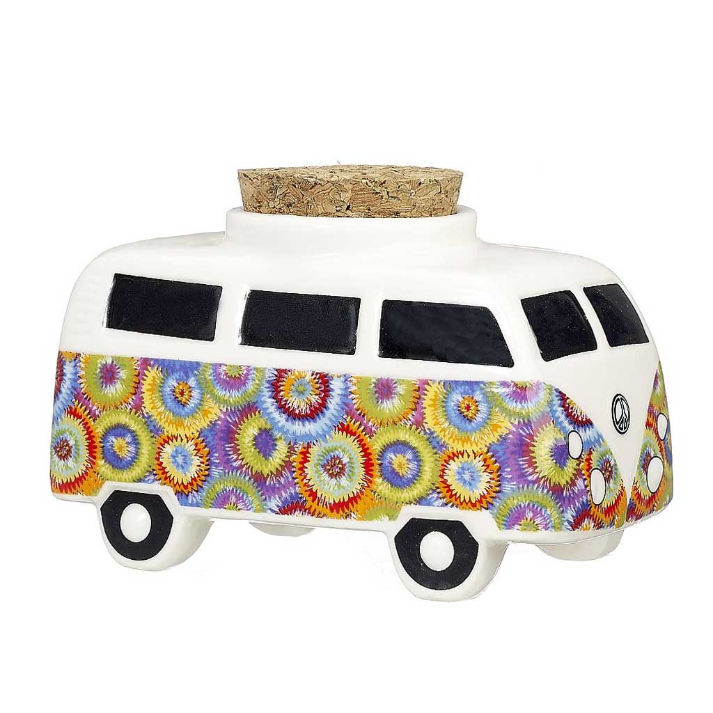 Colorful Flower Burst Vintage Bus Stash Jar with retro hippie bus design, multicolor flower pattern, and ceramic canister lid