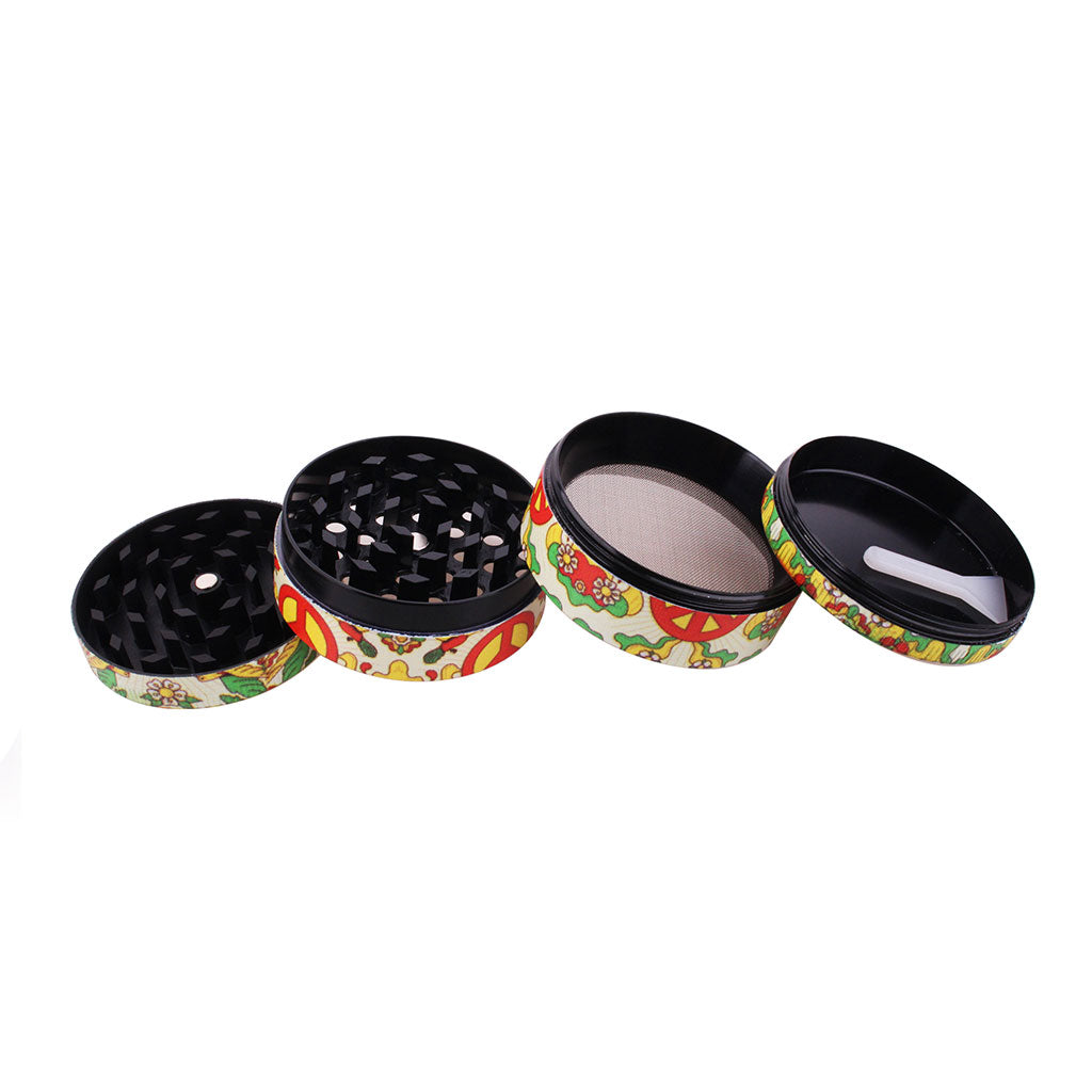 Colorful Psychedelic Peace Symbol 4-Piece Grinder In Orange Peace All Parts View