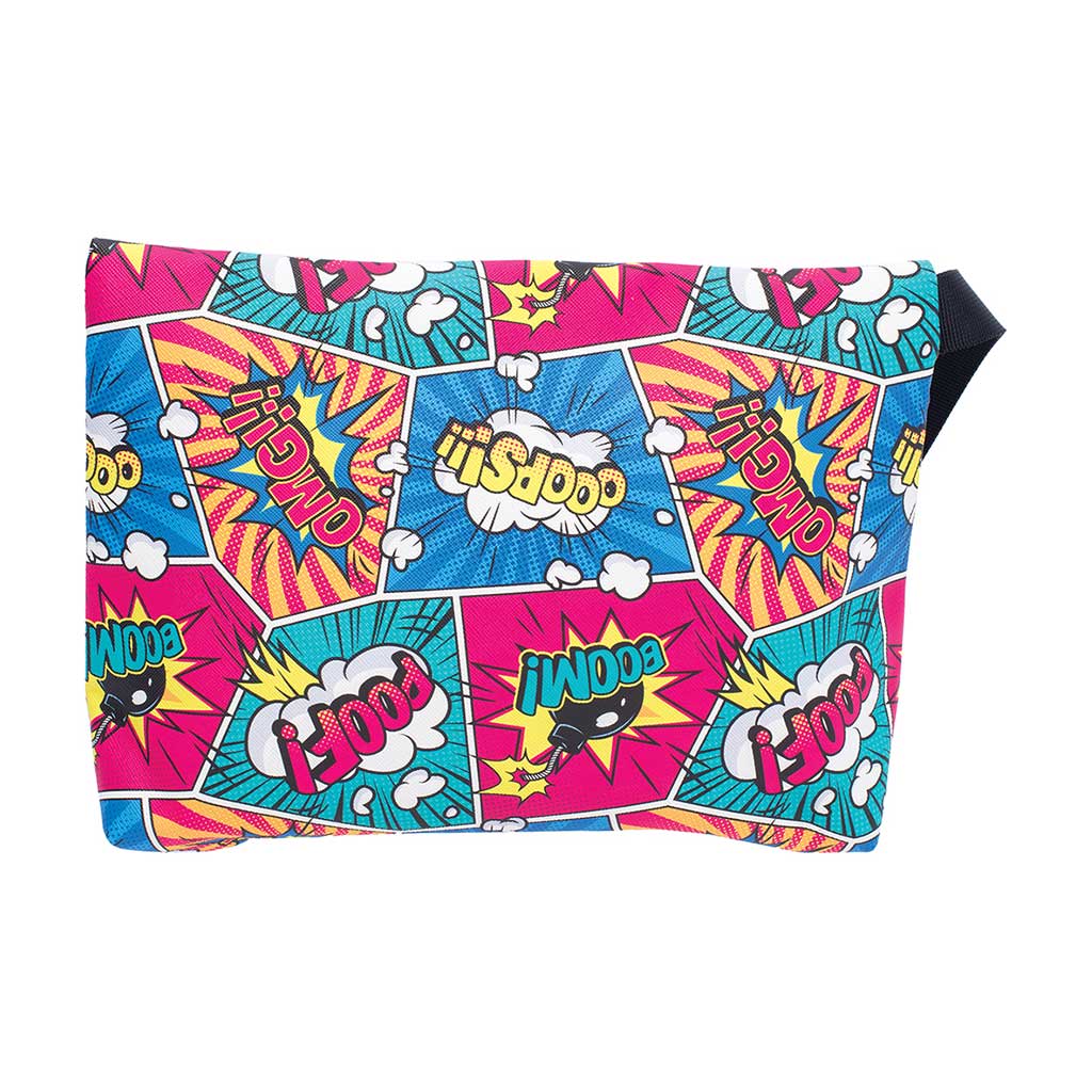 Back design of 11x7.5in comic smellproof bag featuring colorful comic graphics, available at Honeybee Herb.