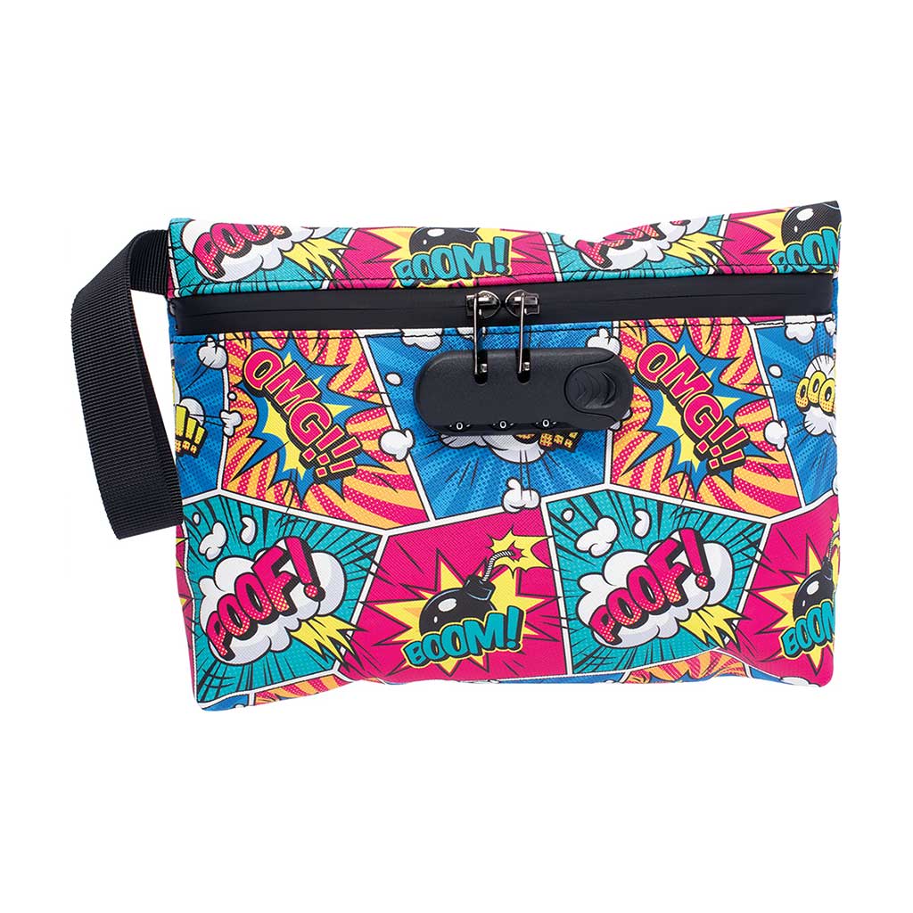 Front view of 11x7.5in comic smellproof bag with lock for odor control, sold at Honeybee Herb.