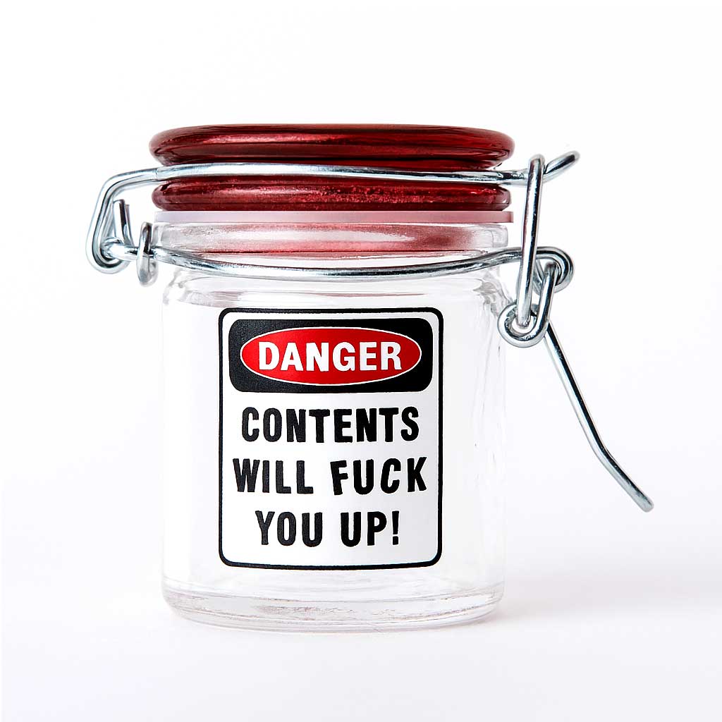 Airtight 1.5oz stash jar with bold label 'Contents Will Fuck You Up!' by Ted Miller Innovations at Honeybee Herb