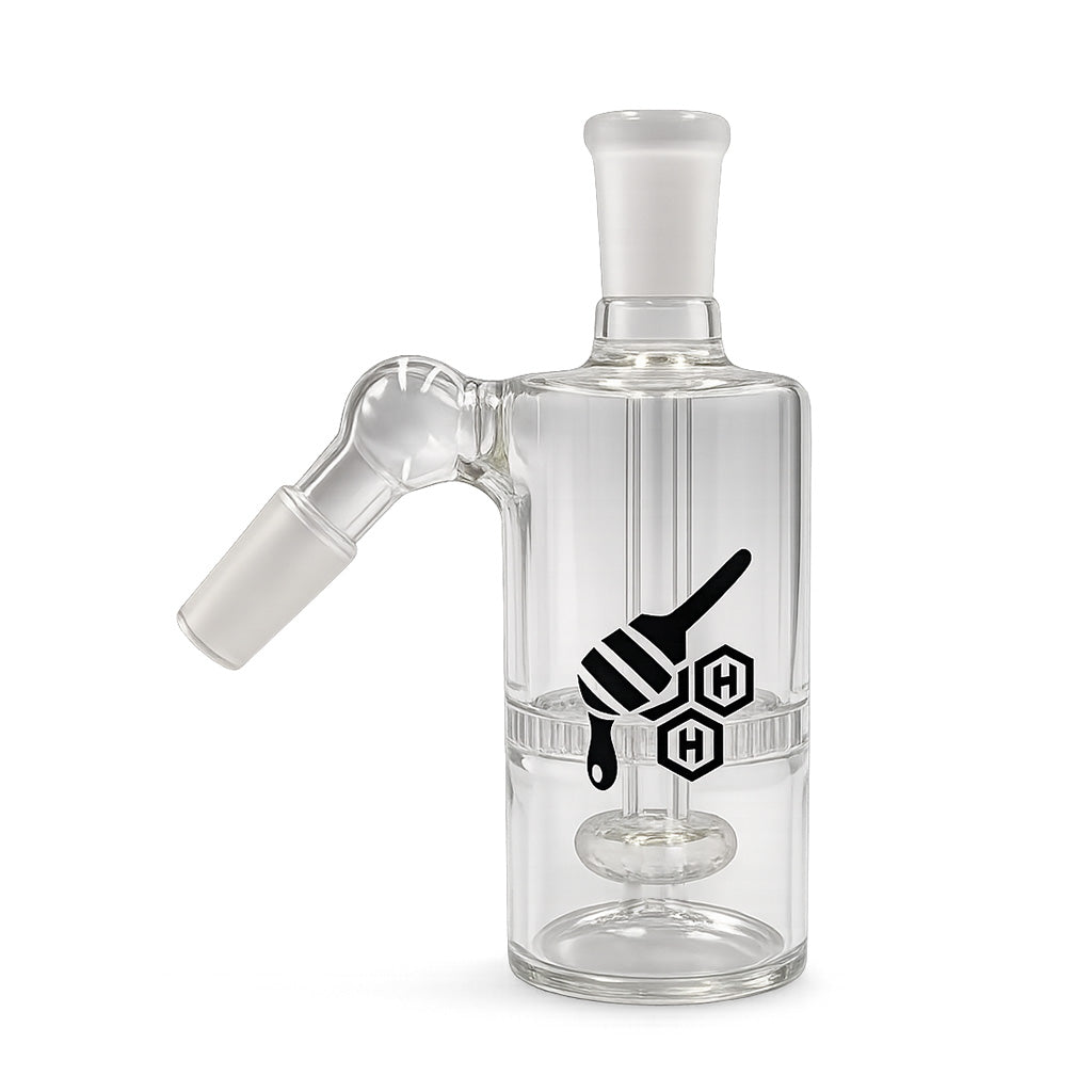 Core Cylinder Double Perc Glass Ash Catcher, clear 14mm male 45 degree ash catcher for cleaner bong hits.