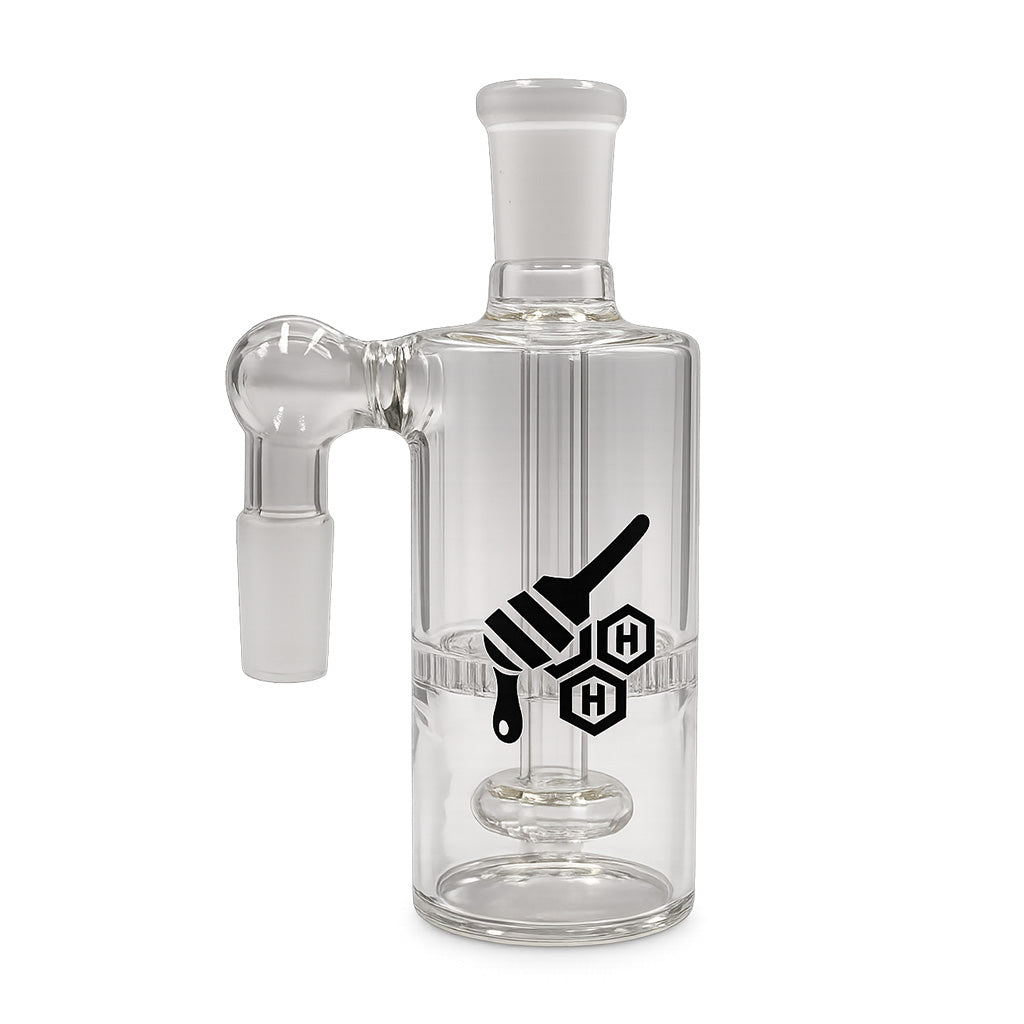 Core Cylinder Double Perc Glass Ash Catcher, clear 14mm male 90 degree ash catcher for cleaner bong hits.