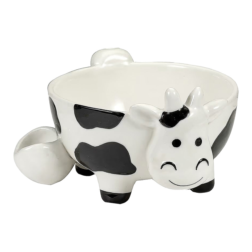 Cow Bowl Pipe Roast and Toast with black and white cow print ceramic bowl body, pipe stem, and novelty smoking design