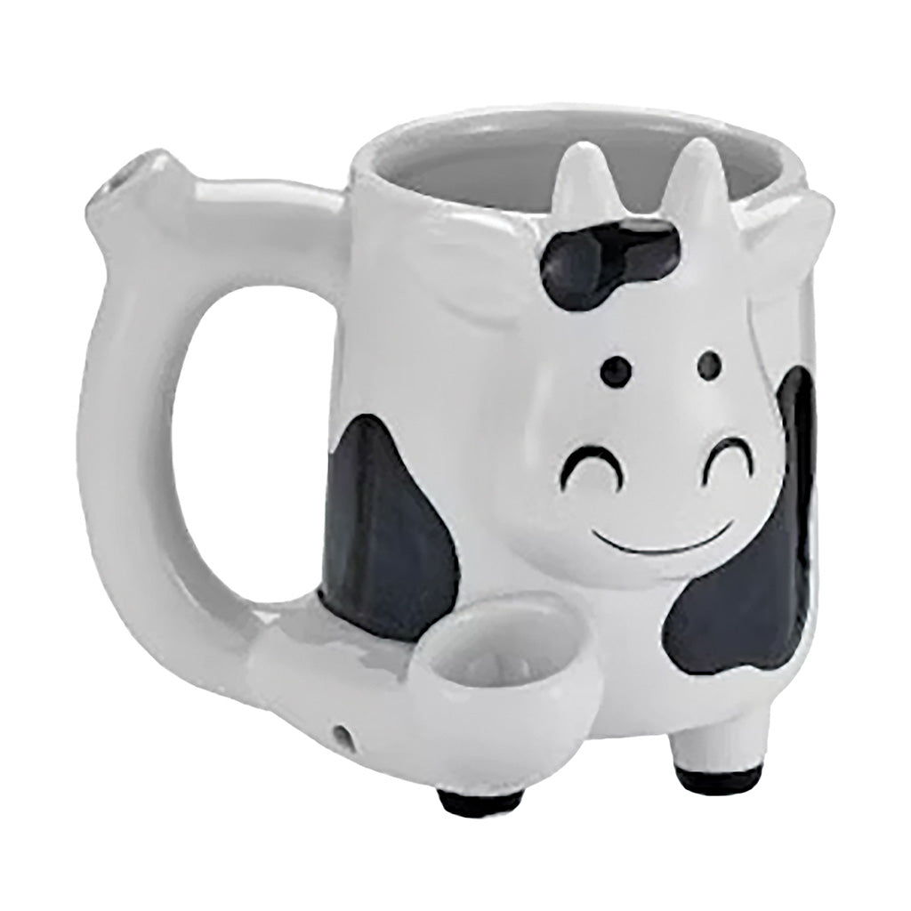 Cow Premium Roast and Toast pipe mug with black and white cow print design, ceramic mug body, curved handle, and built-in front bowl