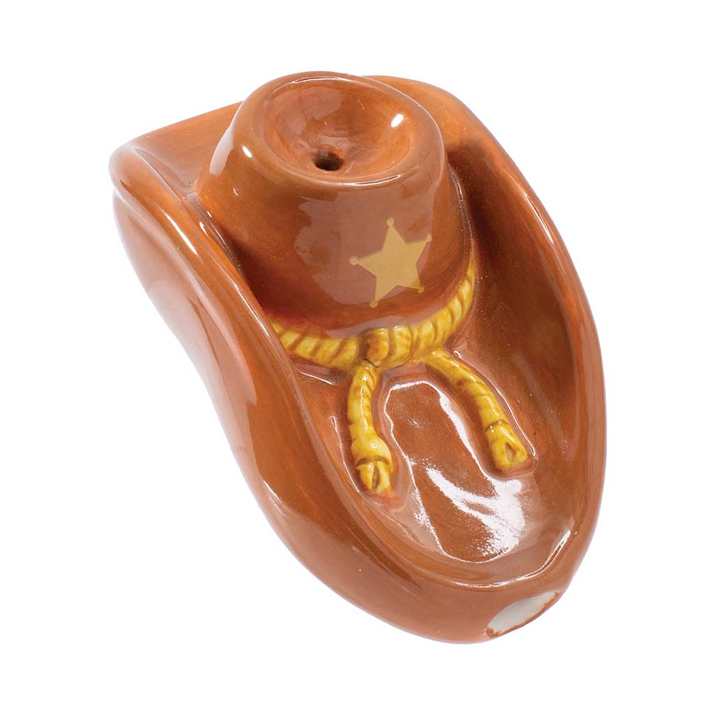 Shop cowboy hat ceramic hand pipe, angled top view highlighting deep bowl and mouthpiece—add to cart for fast, discreet shipping.