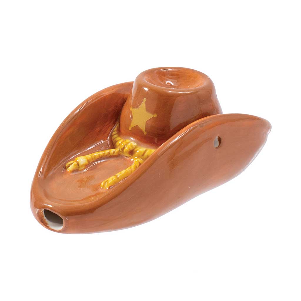 Buy cowboy hat ceramic hand pipe, side view with top bowl and carb—order online at Honeybee Herb.