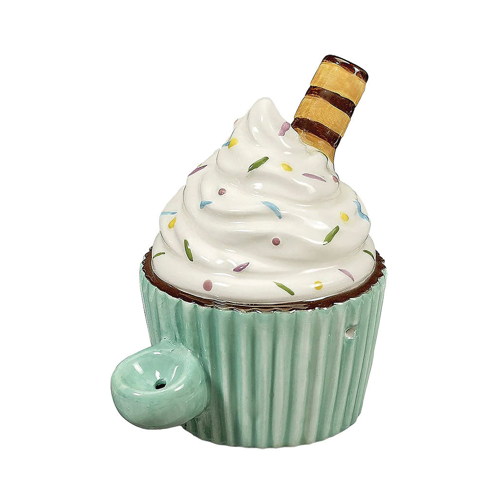 Mint green cupcake shaped pipe with white frosting, colorful sprinkles, striped wafer style top piece, side bowl, and glossy ceramic finish