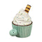 Mint green cupcake shaped pipe with white frosting, colorful sprinkles, striped wafer style top piece, side bowl, and glossy ceramic finish
