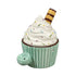 Mint green cupcake shaped pipe with white frosting, colorful sprinkles, striped wafer style top piece, side bowl, and glossy ceramic finish