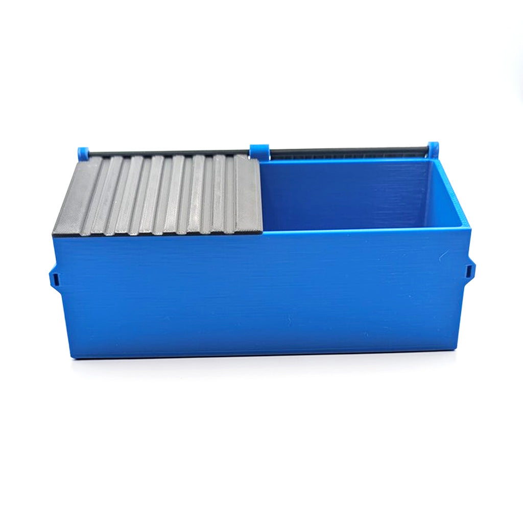  Blue DabSmarts Double Dumpster with one sliding ribbed lid open, showing the deep stash bay for tools