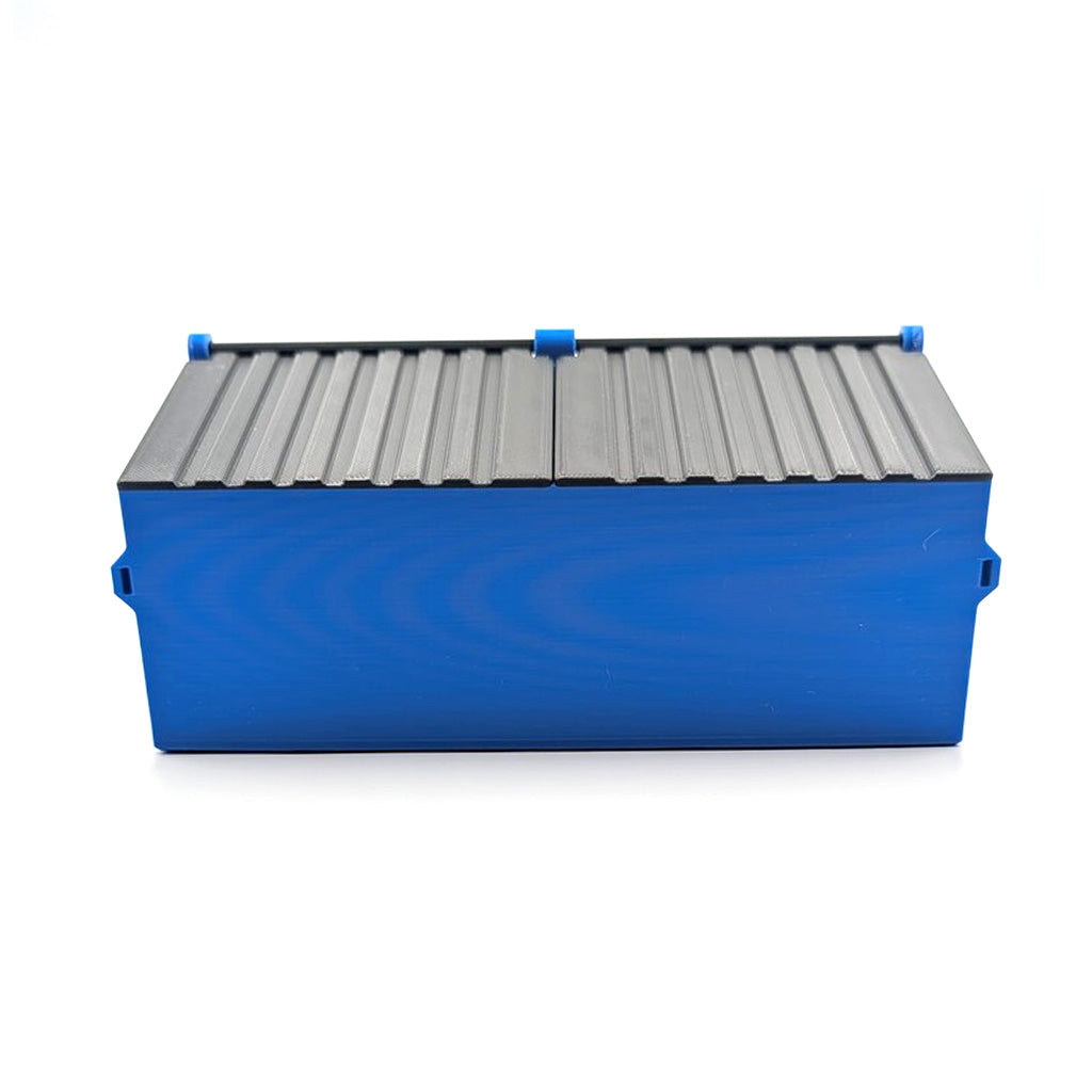 Top view of the blue DabSmarts Double Dumpster with both ribbed lids closed at Honeybee Herb 