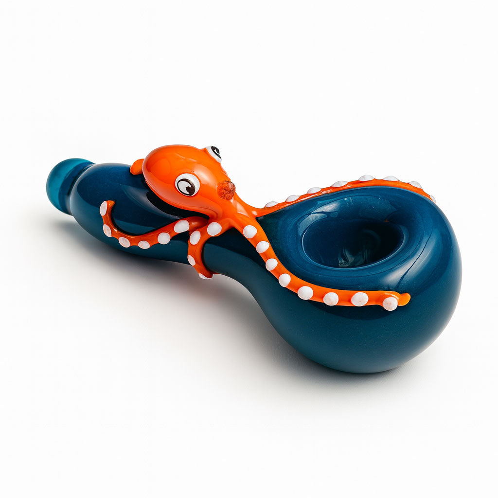 Buy Dark Blue Octopus spoon hand pipe—durable glass, smooth draw, ready to ship from Honeybee Herb.
