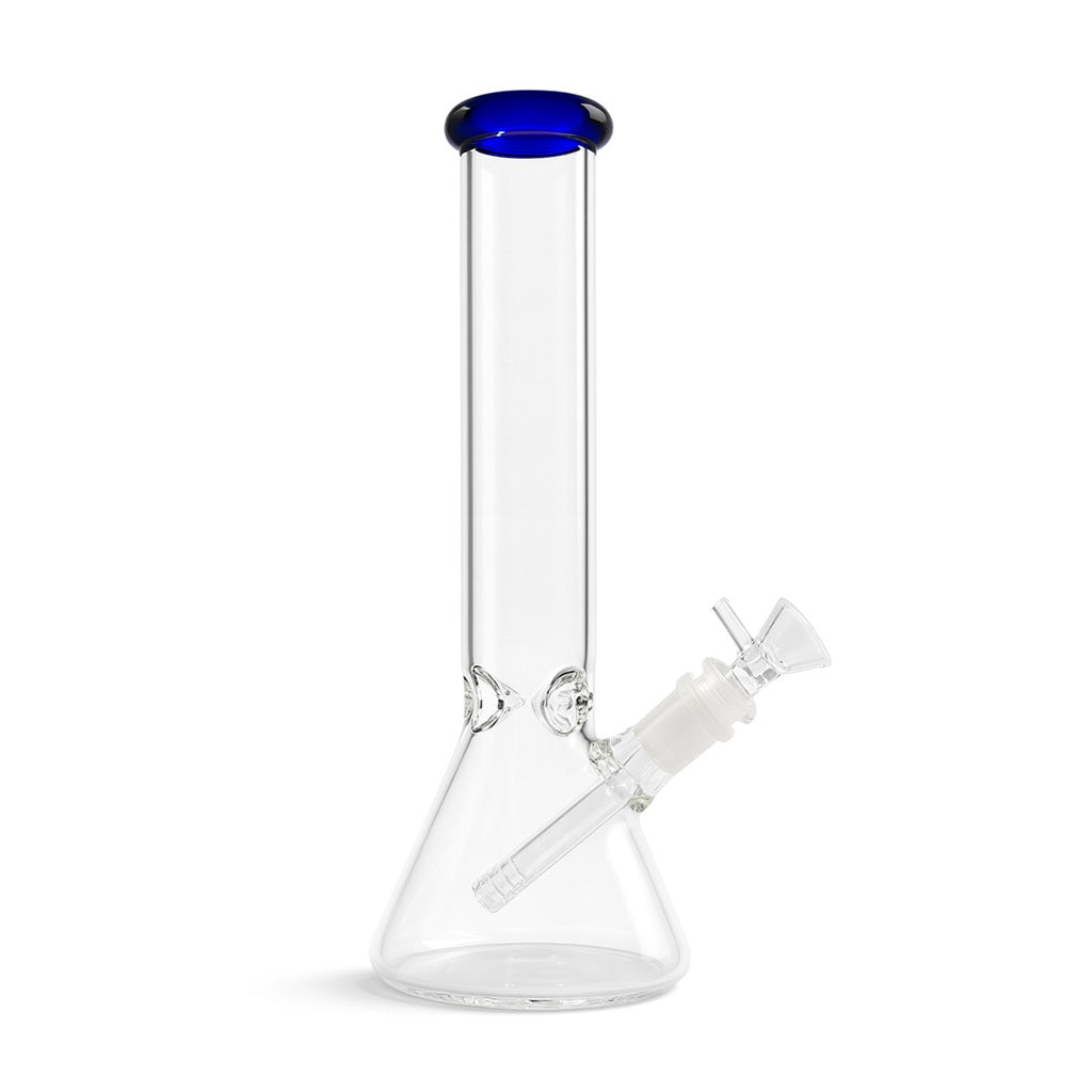 dark blue rim classic glass beaker bong with thick base and clear bowl, durable water pipe for sale at Honeybee Herb
