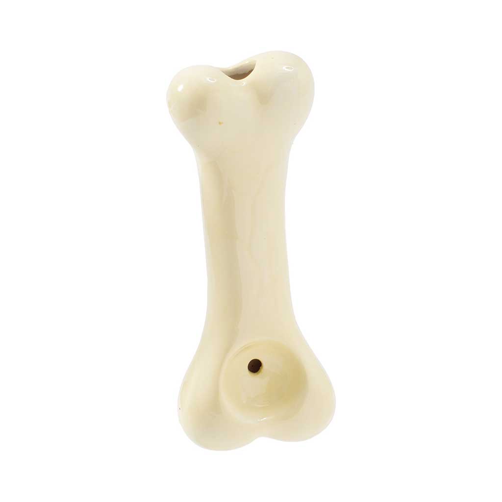 Shop dog bone ceramic hand pipe, front view; compact hand pipe with carb—add to cart for fast shipping.