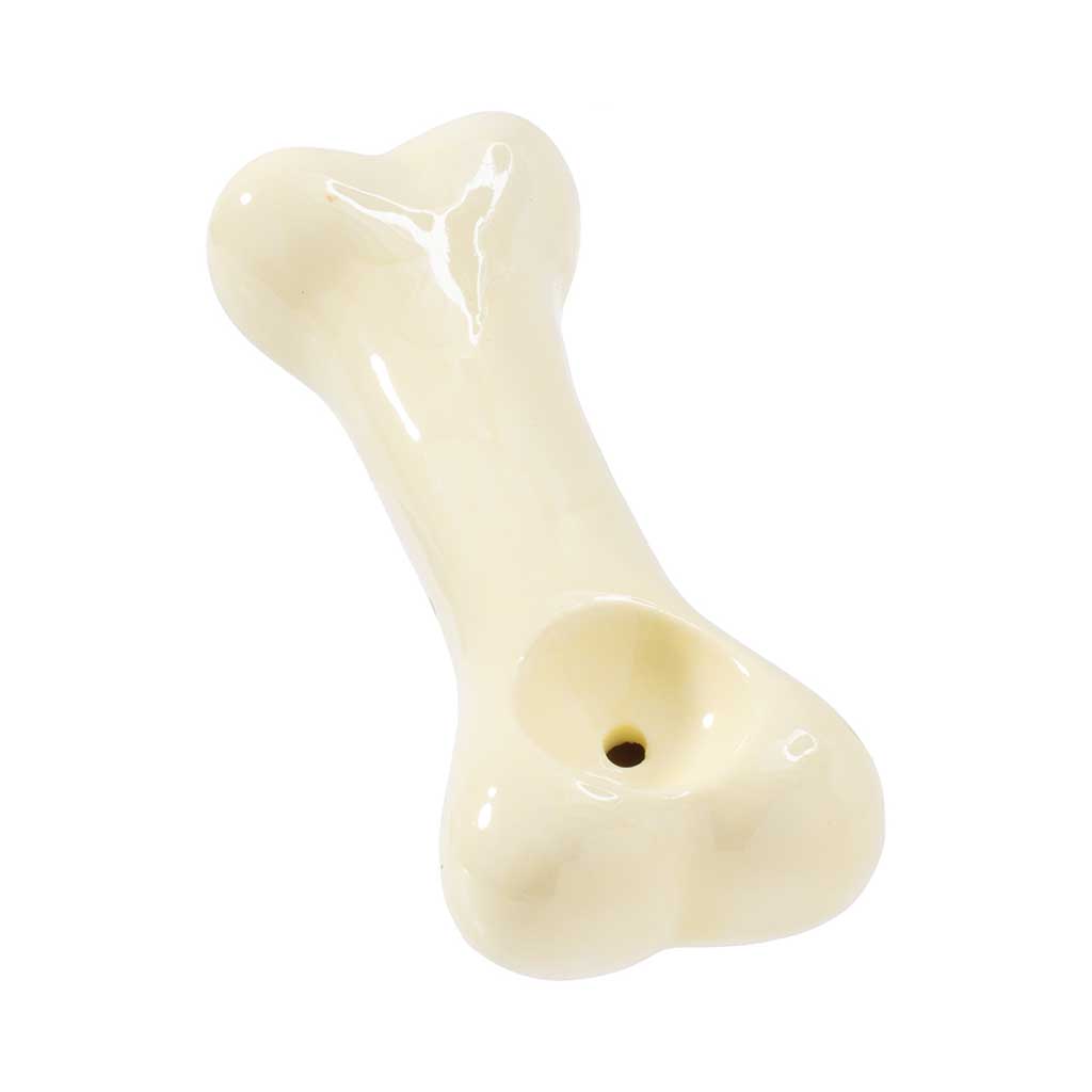 Buy dog bone ceramic hand pipe, angled view showing top bowl and carb—order online at Honeybee Herb.