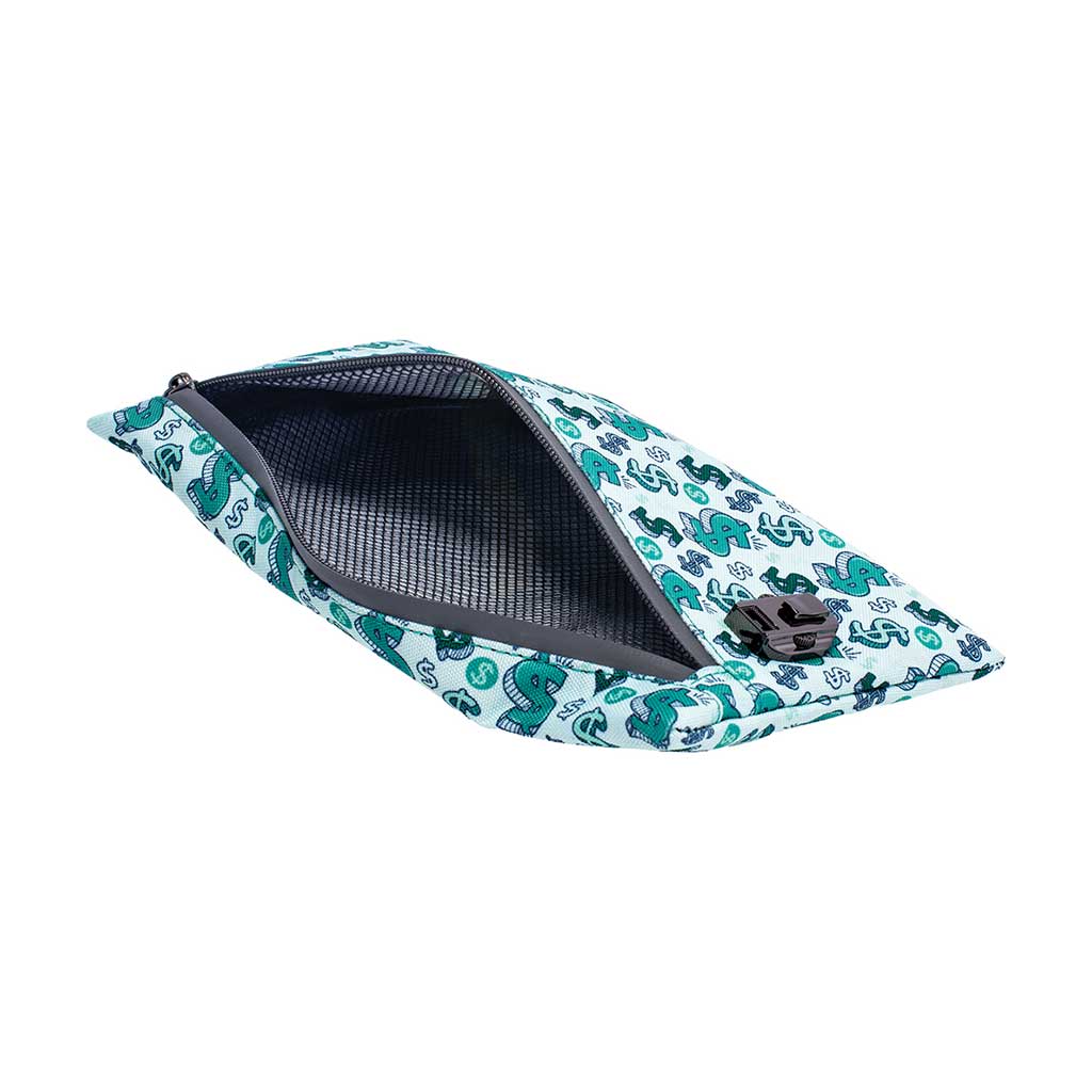 Inside view of 11x6 Dollar Sign smellproof pouch – odor-blocking storage pouch for stash and travel