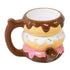 Donut Premium Roast and Toast pipe mug with glossy chocolate, vanilla, and pink icing layers, colorful sprinkles, curved handle, and front bowl