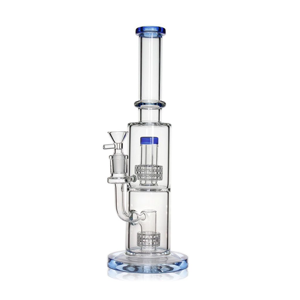 Buy blue-accented double stereo matrix perc bong online from Honeybee Herb