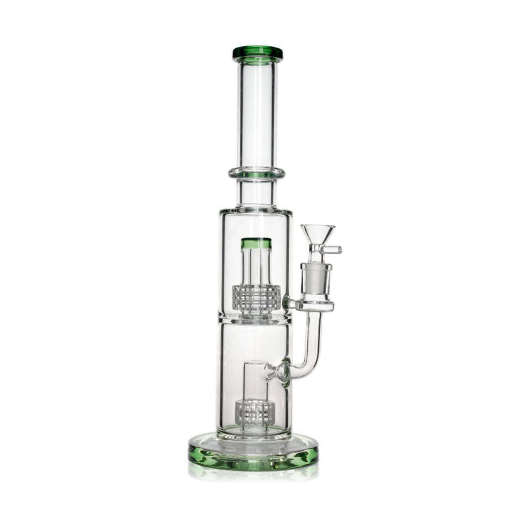 Full view of green double stereo matrix perc bong – tall glass for smooth hits