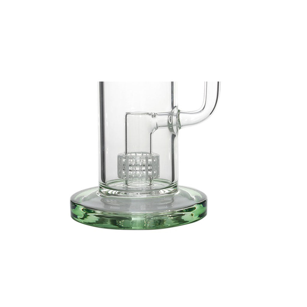Close-up of bottom matrix perc and green base on tall stereo bong