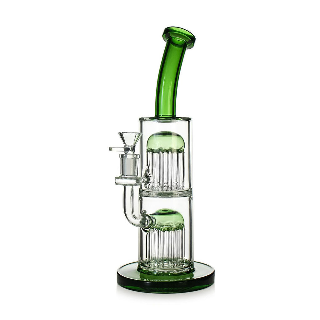 Green double tree perc bent neck bong—shop now at Honeybee Herb, in stock with fast shipping.