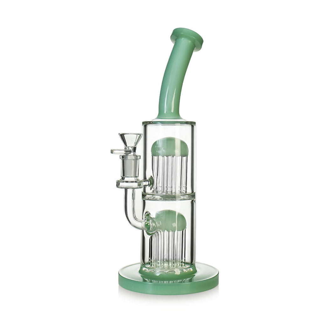 Milk green double tree perc bent neck bong—order online at Honeybee Herb with fast, discreet shipping.