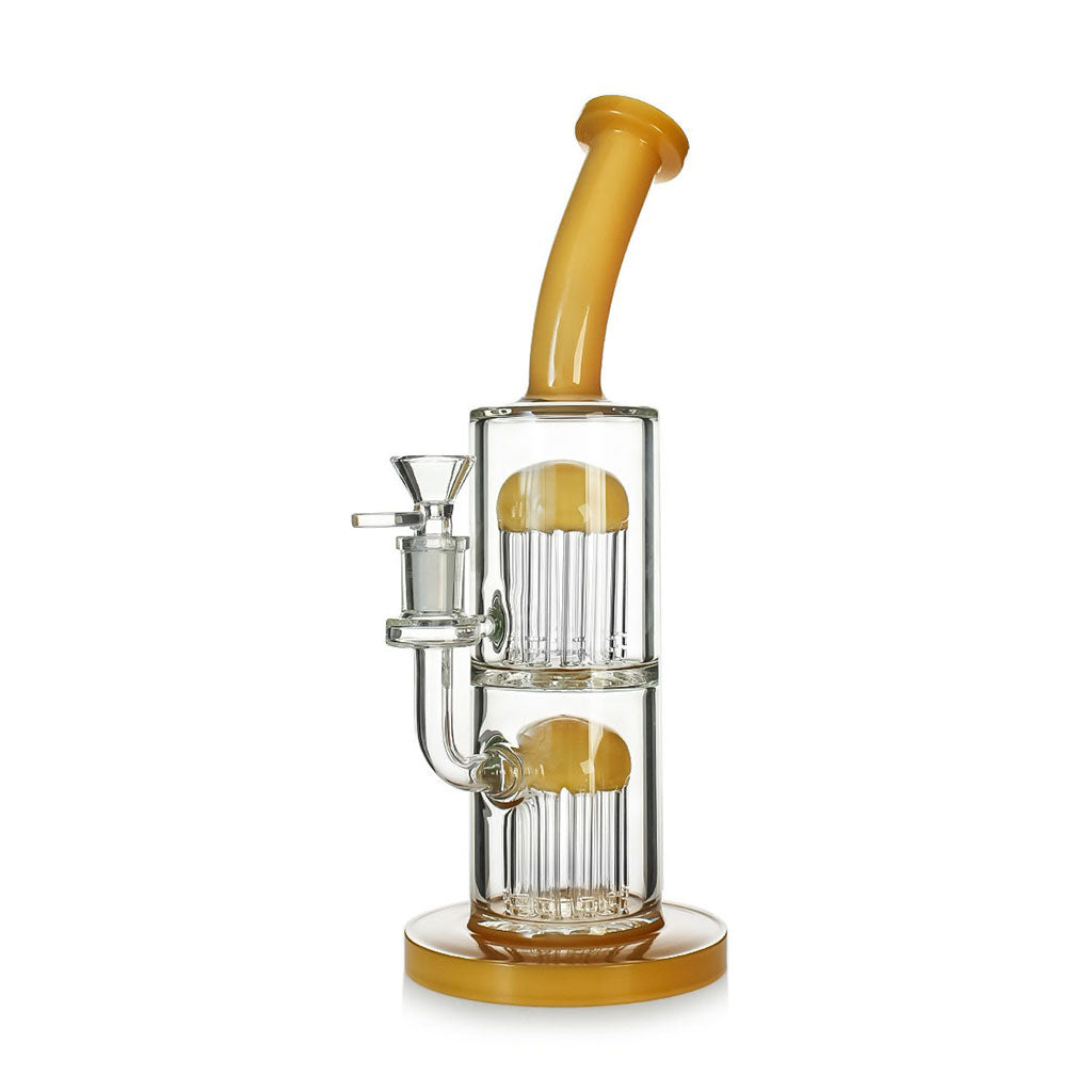Yellow double tree perc bong with bent neck—buy today for smooth, cool hits and quick delivery. 