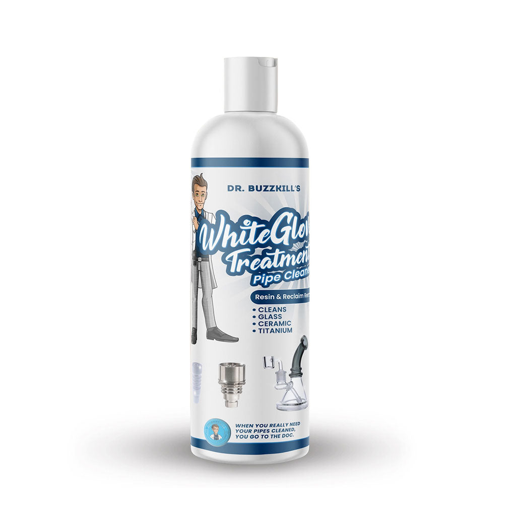 Buy Dr. Buzzkill’s White Glove Treatment Pipe Cleaner 16oz for resin and reclaim removal on glass, ceramic, and titanium.