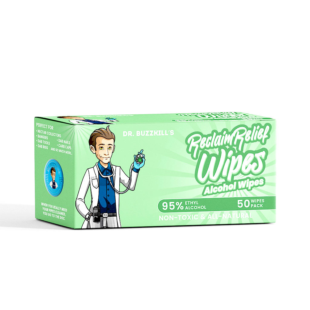 Dr. Buzzkill’s 95% alcohol reclaim relief wipes 50 pack for cleaning dab tools, bangers, and rigs – non-toxic, all-natural wipes for sale at Honeybee Herb