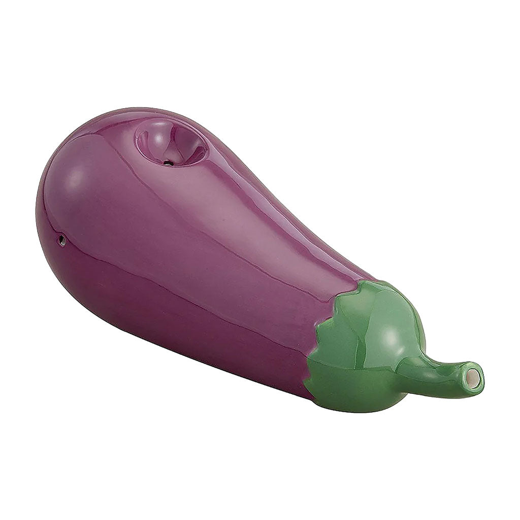 Purple eggplant shaped hand pipe with glossy body, green stem mouthpiece, top bowl, side carb hole, and fruit-inspired design