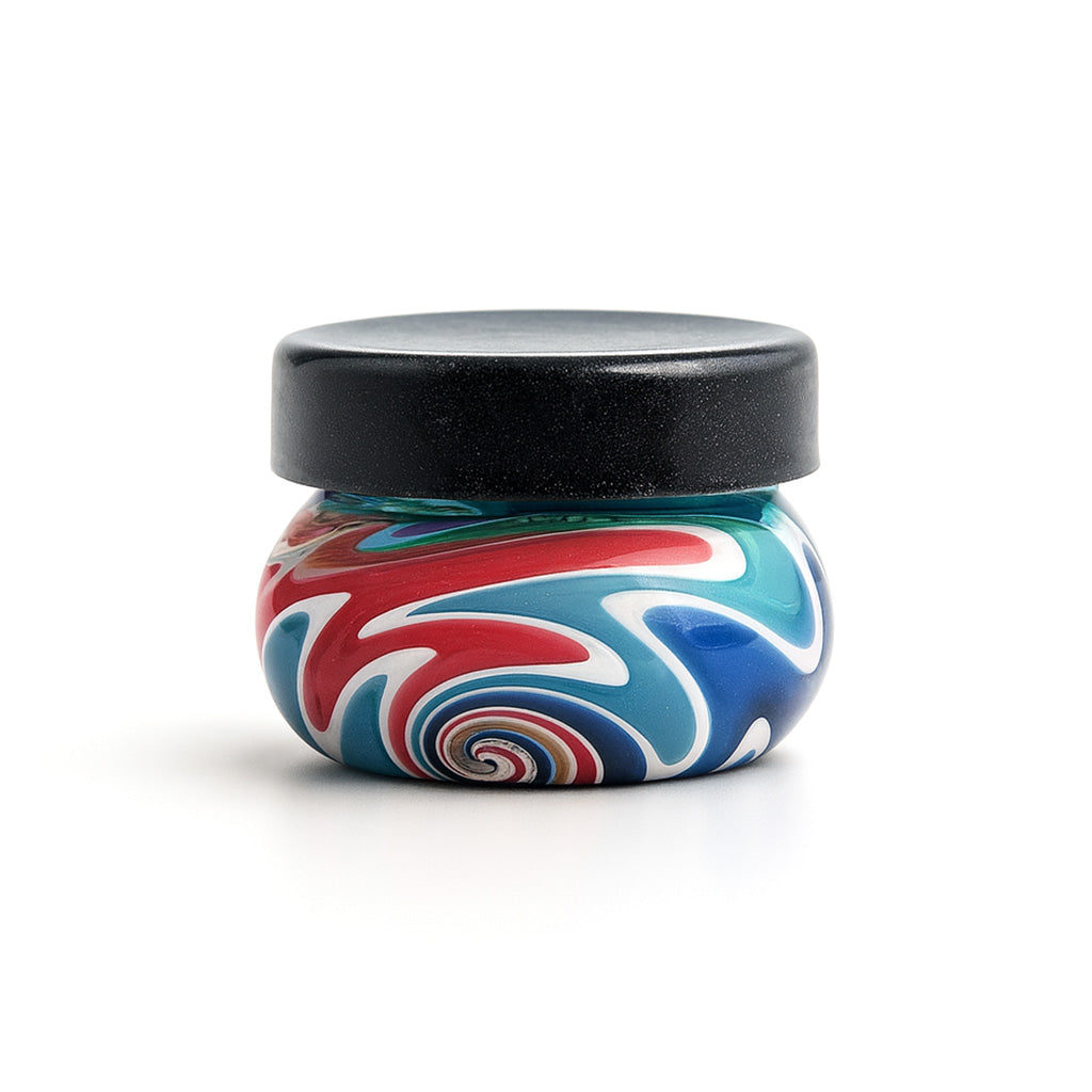 electric-carnival-glass-wig-wag-baller-wax-storage-jar-with-black-lid