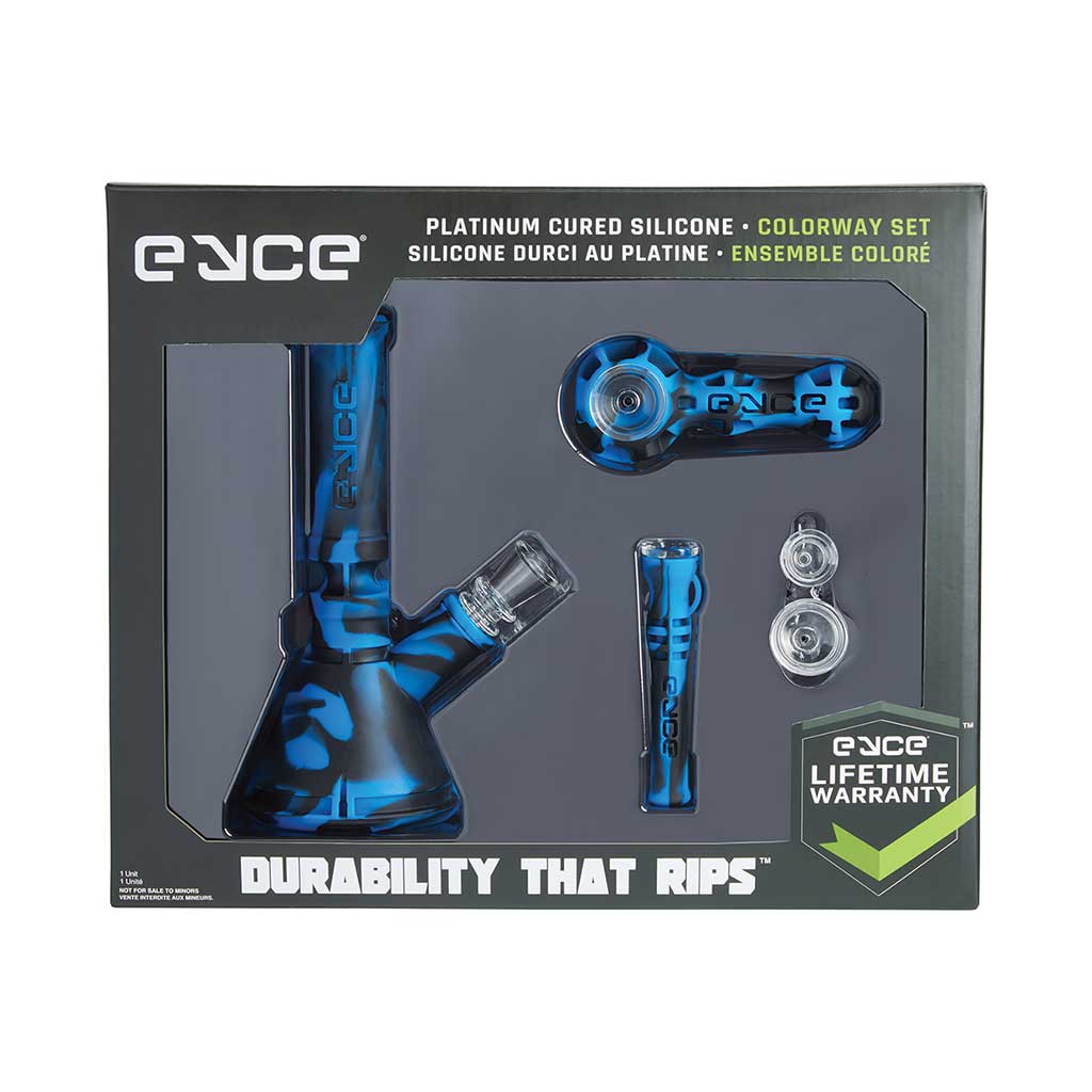 Eyce Colorway Deep Blue Silicone Box Set Featuring a Bong, Hand Pipe, Shorty & 2 Glass Bowls In Packaging.