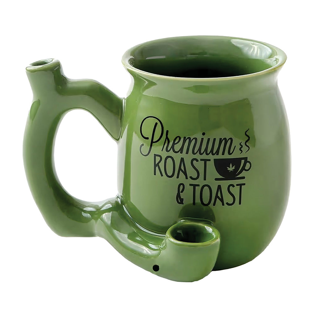 Green ceramic Chubby Premium Roast & Toast pipe mug with a textured surface and a round opening on top.