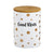 White ceramic canister stash jar with gold polka dots by Fashion Craft.