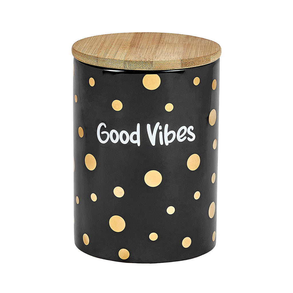 Black ceramic Good Vibes Gold Polka Dots Deluxe Canister Stash Jar with a lid, featuring gold polka dot designs.