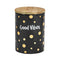 Black ceramic Good Vibes Gold Polka Dots Deluxe Canister Stash Jar with a lid, featuring gold polka dot designs.
